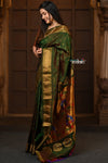 Chandrakor Parampara Revival ~ Handloom Pure Silk Maharani Paithani with Majestic Maharani Pallu in Dual Tone Green Red - verymuchindian.com