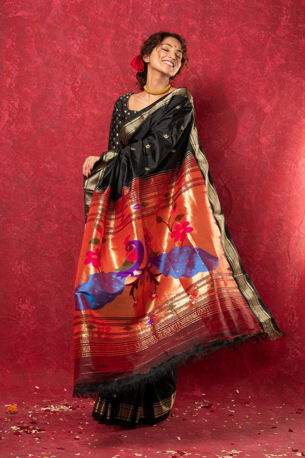 Chandrakor the Original: Handloom Pure Silk Paithani Saree with Traditional Peacock Pallu ~ Black - verymuchindian.com