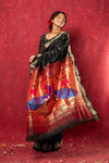 Chandrakor the Original: Handloom Pure Silk Paithani Saree with Traditional Peacock Pallu ~ Black - verymuchindian.com