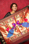 Chandrakor the Original: Handloom Pure Silk Paithani Saree with Traditional Peacock Pallu ~ Black - verymuchindian.com