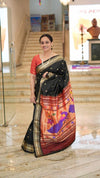 Chandrakor the Original: Handloom Pure Silk Paithani Saree with Traditional Peacock Pallu ~ Black - verymuchindian.com