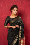 Chandrakor the Original: Handloom Pure Silk Paithani Saree with Traditional Peacock Pallu ~ Black - verymuchindian.com