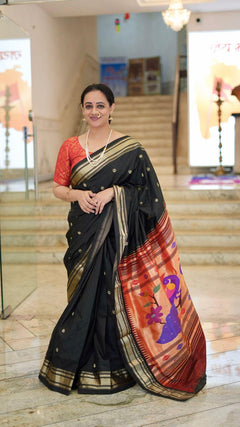 Chandrakor the Original: Handloom Pure Silk Paithani Saree with Traditional Peacock Pallu ~ Black - verymuchindian.com