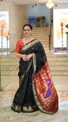 Chandrakor the Original: Handloom Pure Silk Paithani Saree with Traditional Peacock Pallu ~ Black - verymuchindian.com