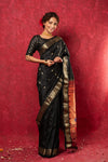 Chandrakor the Original: Handloom Pure Silk Paithani Saree with Traditional Peacock Pallu ~ Black - verymuchindian.com