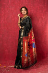Chandrakor the Original: Handloom Pure Silk Paithani Saree with Traditional Peacock Pallu ~ Black - verymuchindian.com