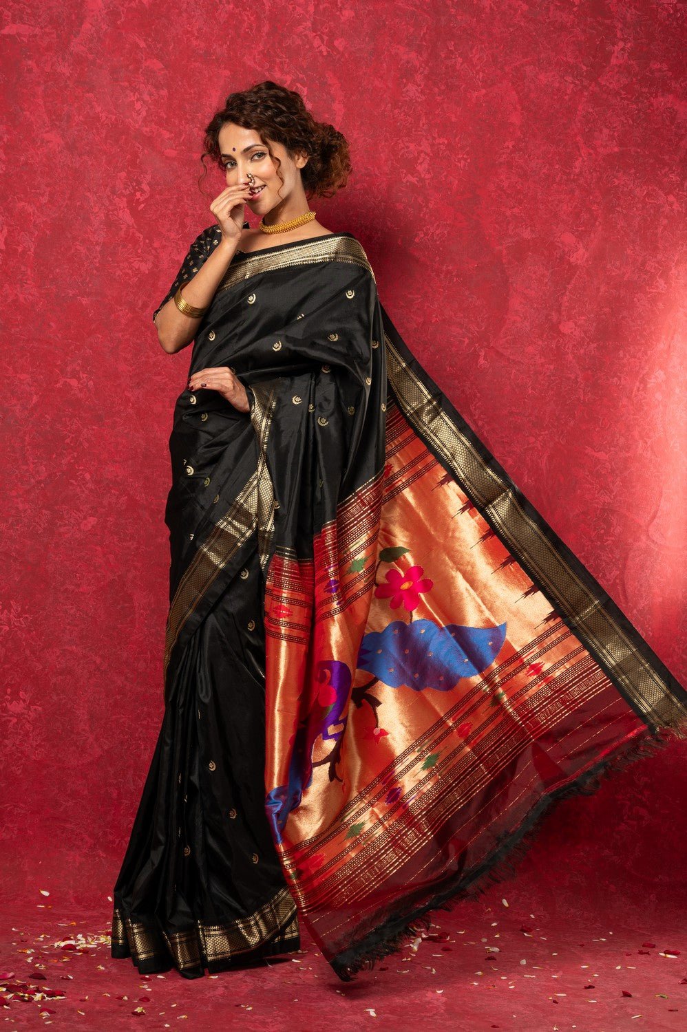 Chandrakor the Original: Handloom Pure Silk Paithani Saree with Traditional Peacock Pallu ~ Black - verymuchindian.com