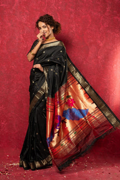 Chandrakor the Original: Handloom Pure Silk Paithani Saree with Traditional Peacock Pallu ~ Black - verymuchindian.com