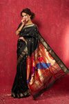 Chandrakor the Original: Handloom Pure Silk Paithani Saree with Traditional Peacock Pallu ~ Black - verymuchindian.com