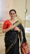 Chandrakor the Original: Handloom Pure Silk Paithani Saree with Traditional Peacock Pallu ~ Black - verymuchindian.com