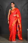 Chandrakor Virasat ~ Handloom Pure Silk Maharani Paithani with Maharani Pallu in Delight Red - verymuchindian.com