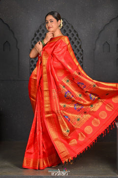 Chandrakor Virasat ~ Handloom Pure Silk Maharani Paithani with Maharani Pallu in Delight Red - verymuchindian.com