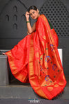 Chandrakor Virasat ~ Handloom Pure Silk Maharani Paithani with Maharani Pallu in Delight Red - verymuchindian.com