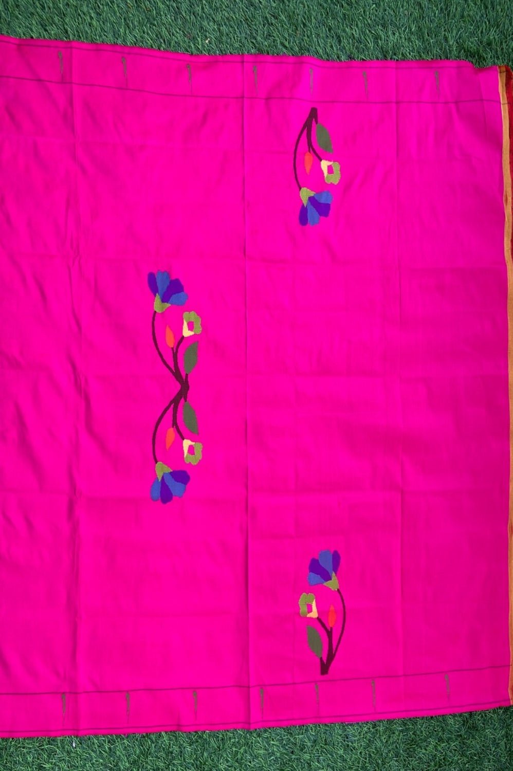 Designed by VMI - Blouse Fabric - Handloom Pure Silk -Fuscia Pink with Flower Motifs - verymuchindian.com