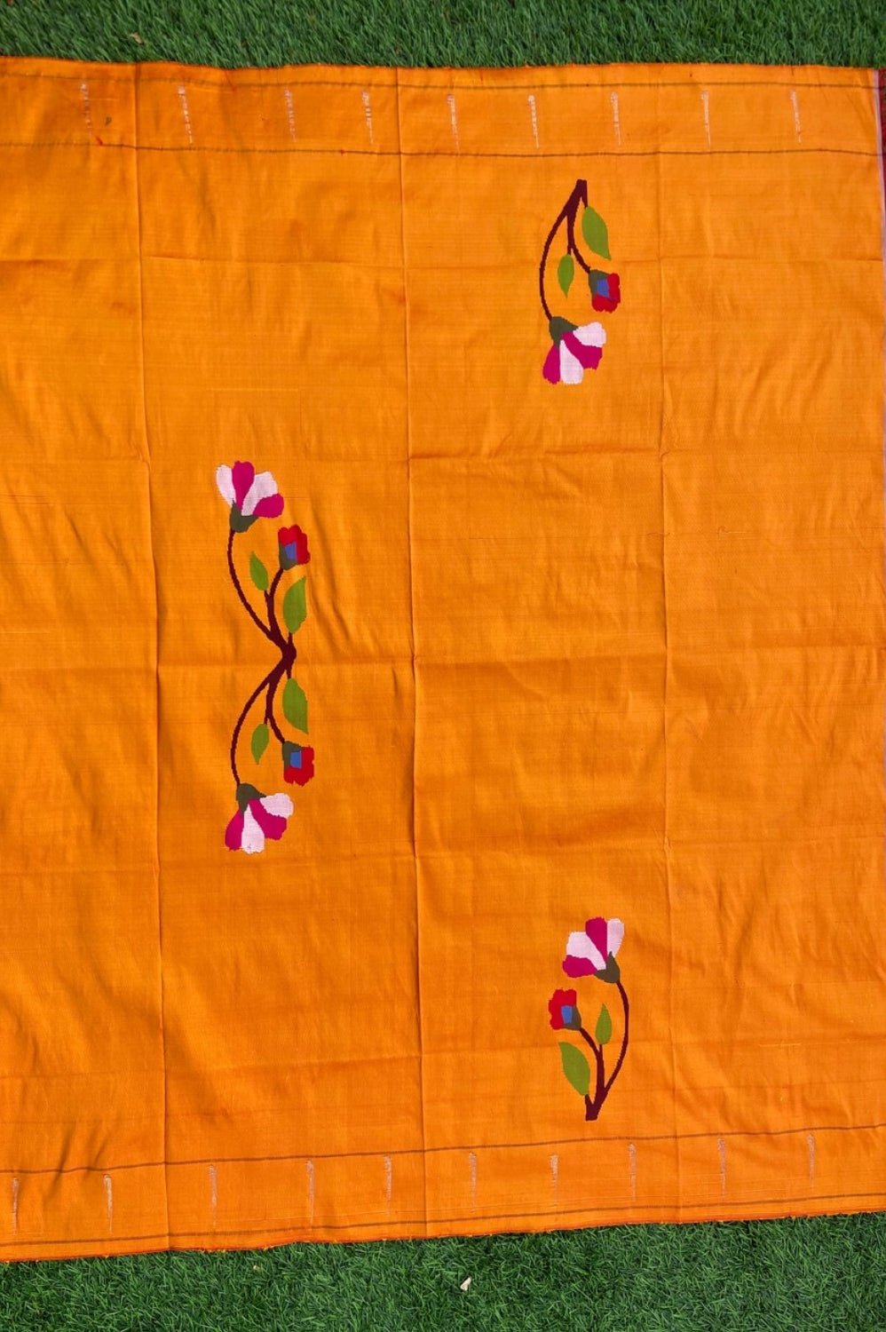 Designed by VMI - Blouse Fabric - Handloom Pure Silk - Gleaming Yellow with Flower Motifs - verymuchindian.com