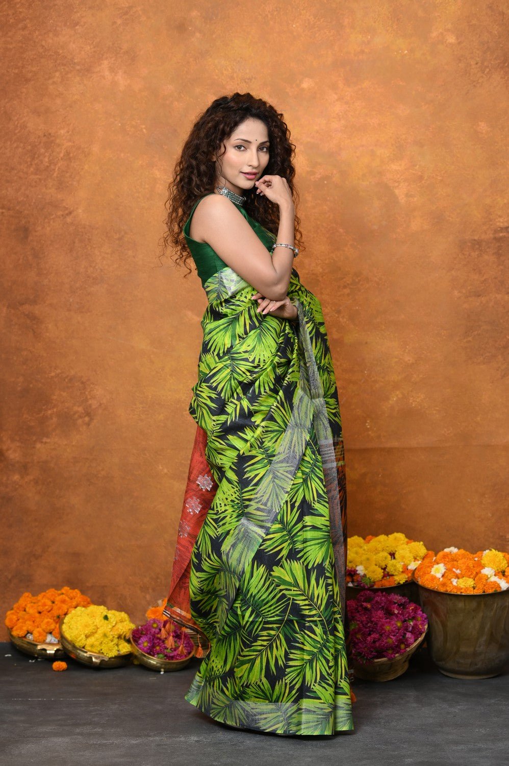 Designed By VMI~ Handloom Moonga Tussar Silk Saree With Digital Leaf Print - verymuchindian.com
