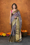 Designed By VMI~ Handloom Pure Organic Natural Linen Saree - HandBlock Printed- Grey - verymuchindian.com