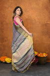 Designed By VMI~ Handloom Pure Organic Natural Linen Saree - HandBlock Printed- Grey - verymuchindian.com