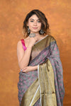 Designed By VMI~ Handloom Pure Organic Natural Linen Saree - HandBlock Printed- Grey - verymuchindian.com