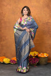 Designed By VMI~ Handloom Pure Tussar Silk Saree With Beautiful Floral Embroidery ~Grey - verymuchindian.com