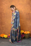 Designed By VMI~ Handloom Pure Tussar Silk Saree With Beautiful Floral Embroidery ~Grey - verymuchindian.com