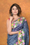 Designed By VMI~ Handloom Pure Tussar Silk Saree With Beautiful Floral Embroidery ~Grey - verymuchindian.com