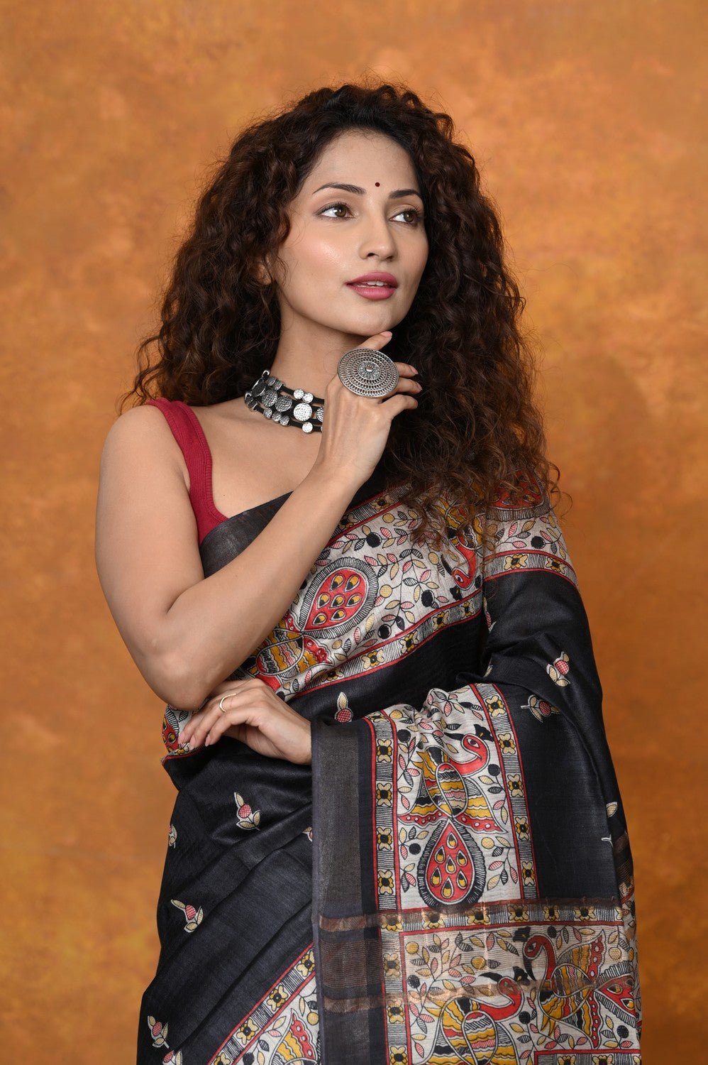 Designed By VMI~ Handloom Pure Tussar Silk Saree With Beautiful Madhubani Print~ Black - verymuchindian.com