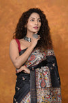 Designed By VMI~ Handloom Pure Tussar Silk Saree With Beautiful Madhubani Print~ Black - verymuchindian.com