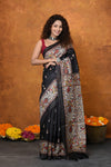 Designed By VMI~ Handloom Pure Tussar Silk Saree With Beautiful Madhubani Print~ Black - verymuchindian.com