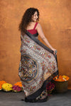 Designed By VMI~ Handloom Pure Tussar Silk Saree With Beautiful Madhubani Print~ Black - verymuchindian.com