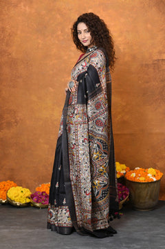 Designed By VMI~ Handloom Pure Tussar Silk Saree With Beautiful Madhubani Print~ Black - verymuchindian.com