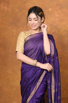 Designed by VMI - High Quality Comfortable Cotton Handloom Woven with Sleek Border and Flower Buttis~ Violet - verymuchindian.com