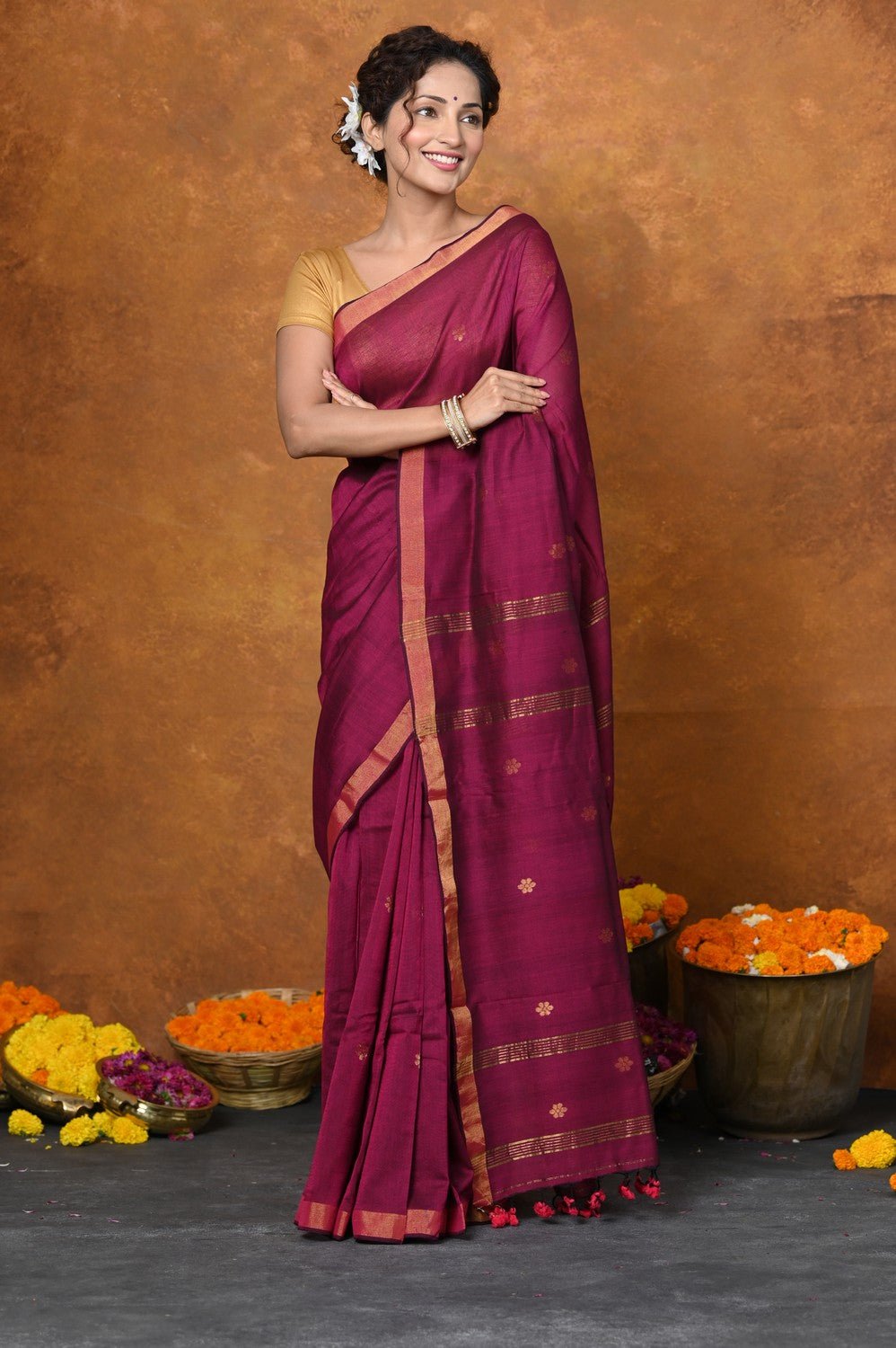 Designed by VMI - High Quality Comfortable Cotton Handloom Woven with Sleek Border and Flower Buttis~Magenta Pink - verymuchindian.com