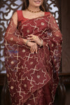 Designed by VMI! Kashi ~ Handloom Pure Organza Silk Saree in Brown with Overall Gotapatti Work(Silk Mark Certified) - verymuchindian.com