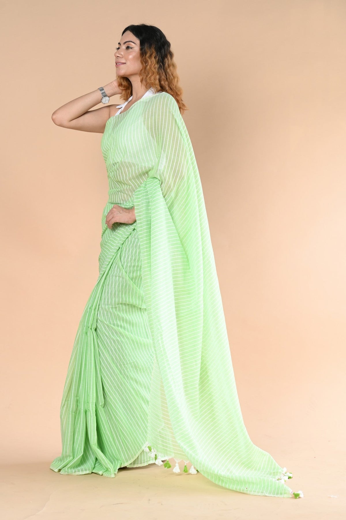 Designer Pure Cotton Sarees with All over Linear Stripes ~fern green - verymuchindian.com