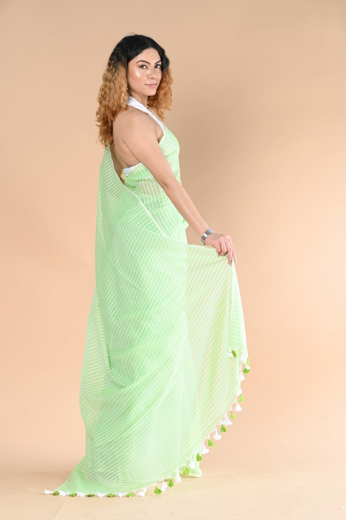 Designer Pure Cotton Sarees with All over Linear Stripes ~fern green - verymuchindian.com