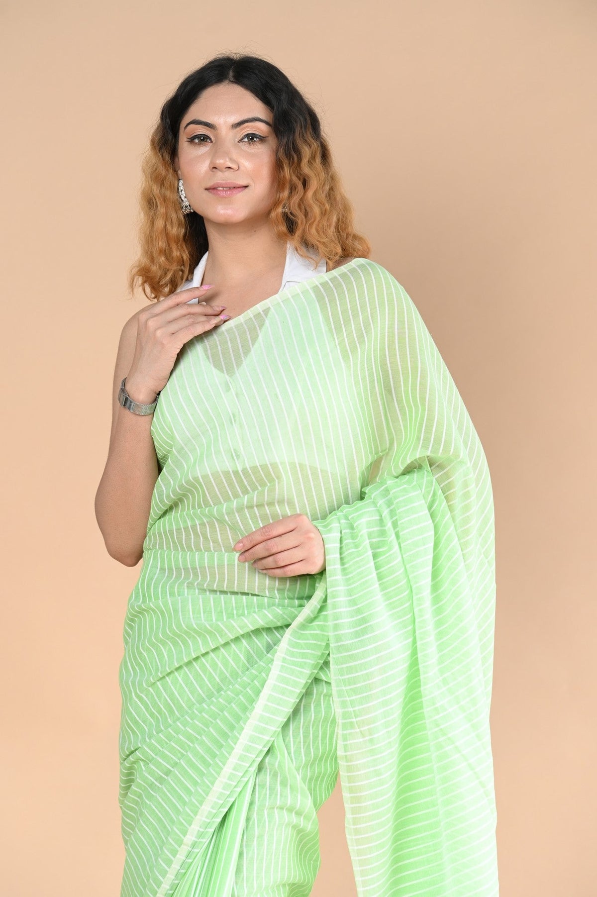 Designer Pure Cotton Sarees with All over Linear Stripes ~fern green - verymuchindian.com