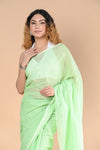 Designer Pure Cotton Sarees with All over Linear Stripes ~fern green - verymuchindian.com