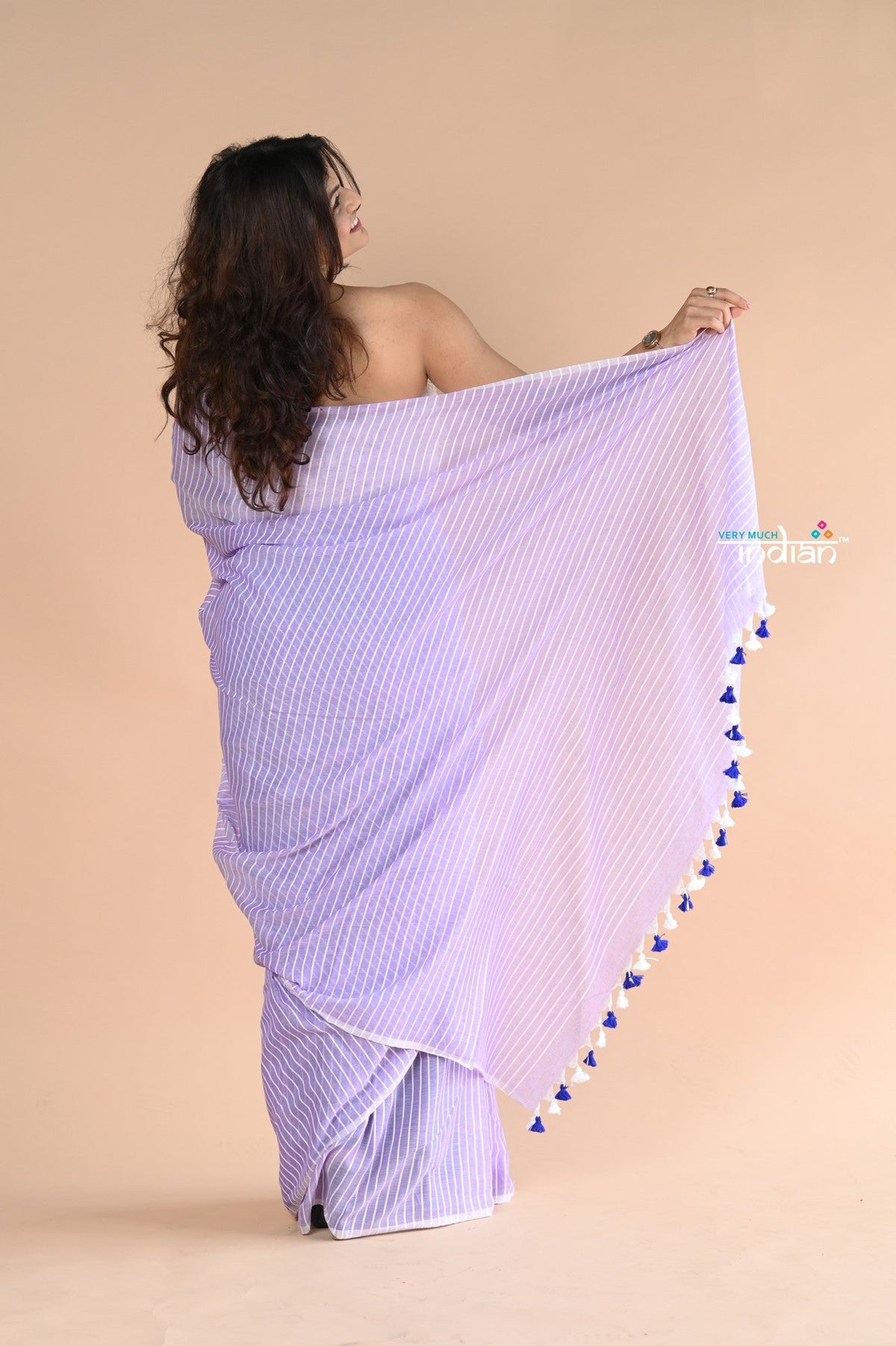Designer Pure Cotton Sarees with All over Linear Stripes ~lavender - verymuchindian.com