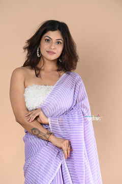Designer Pure Cotton Sarees with All over Linear Stripes ~lavender - verymuchindian.com