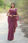 Designer Pure Cotton Sarees with All over Linear Stripes~ Maroon - verymuchindian.com