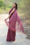 Designer Pure Cotton Sarees with All over Linear Stripes~ Maroon - verymuchindian.com