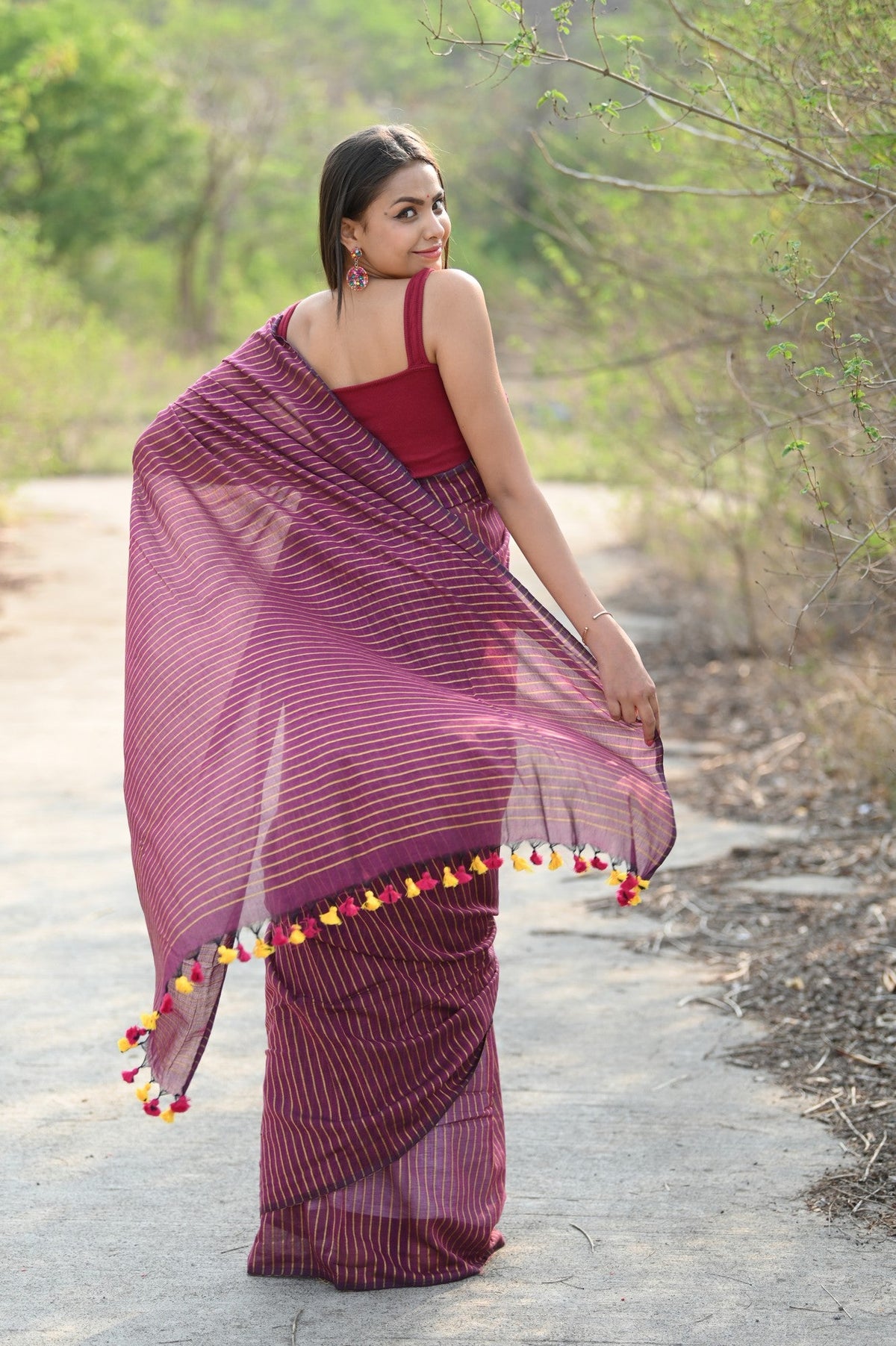 Designer Pure Cotton Sarees with All over Linear Stripes~ Maroon - verymuchindian.com