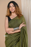 Designer Pure Cotton Sarees with All over Linear Stripes ~ Pine Green - verymuchindian.com