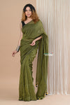 Designer Pure Cotton Sarees with All over Linear Stripes ~ Pine Green - verymuchindian.com