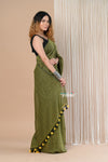 Designer Pure Cotton Sarees with All over Linear Stripes ~ Pine Green - verymuchindian.com