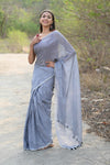 Designer Pure Cotton Sarees with All over Linear Stripes ~Sage Grey - verymuchindian.com