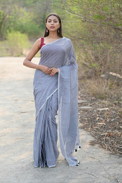 Designer Pure Cotton Sarees with All over Linear Stripes ~Sage Grey - verymuchindian.com