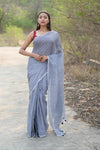 Designer Pure Cotton Sarees with All over Linear Stripes ~Sage Grey - verymuchindian.com