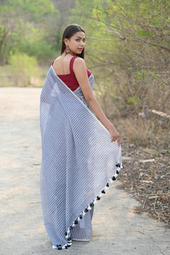 Designer Pure Cotton Sarees with All over Linear Stripes ~Sage Grey - verymuchindian.com